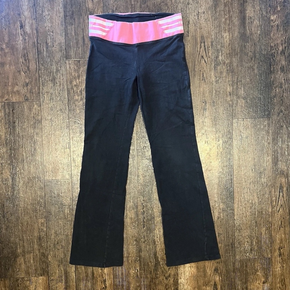 VICTORIA'S SECRET PINK FOLDOVER Y2K BLACK PINK YOGA PANTS SLEEK SIZE SMALL